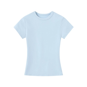 Flat lay of a sky blue slim fit modal T-shirt with round neck and smooth fabric texture
