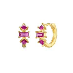 Elegant gold earrings with three rose red rectangular and diamond shaped zircons