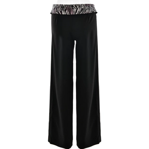 Detailed back view of women's wide leg trousers with stylish zebra print waistband
