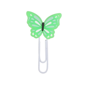 Green butterfly PVC soft glue bookmark paper clip with durable white metal fastener
