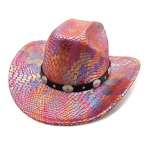 Detail of colorful snakeskin pattern on western cowboy hat with metal studs