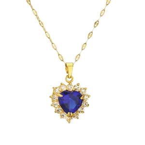 Elegant gold heart pendant necklace with blue center stone and pave zircon halo detail