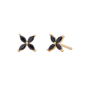 Close-up of gold 925 silver clover earrings with black zircon stones and side view