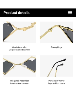 Detailed views of gold metal frame, hinges, and integrated nasal rest of heart sunglasses