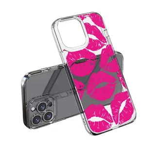Transparent iPhone case with red lip patterns for models 13 14 15 Pro Max