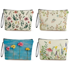Floral Print Makeup Bag Linen Fabric Zippered Cosmetic Pouch With Hand Strap Portable Travel Toiletry Organizer Bag