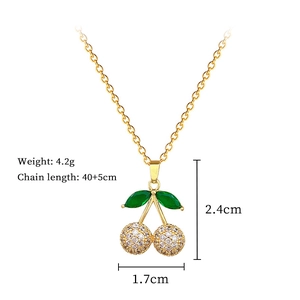 Detail view of titanium steel cherry pendant necklace with size and weight dimensions