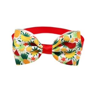 Detail of pet bow tie with colorful fruit prints and adjustable red grosgrain ribbon
