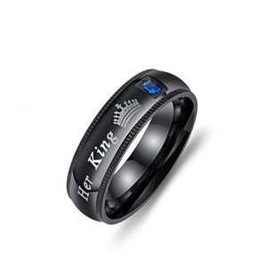 Black titanium steel ring featuring Her King engraving and a blue zircon stone.