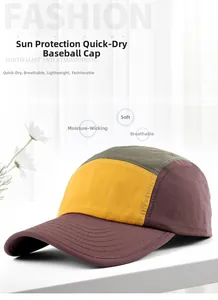 Detail of a quick-dry 5-panel cap featuring a tricolor block design for outdoor sports