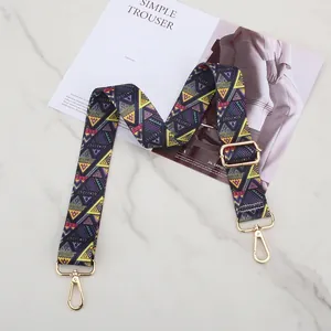 Close-up of bohemian geometric patterned wide strap with adjustable gold metal buckle