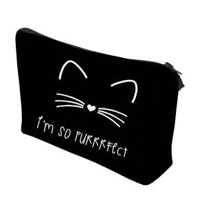 Trousse à maquillage noire en polyester avec motif chat blanc et texte Purrrfect
