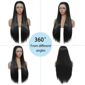 360-degree view of long straight black lace front wig with smooth natural texture