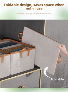 Detailed comparison of the foldable gray fabric storage box with brown leather handles