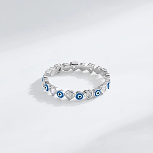 S925 sterling silver evil eye heart ring with blue enamel and clear cubic zirconia