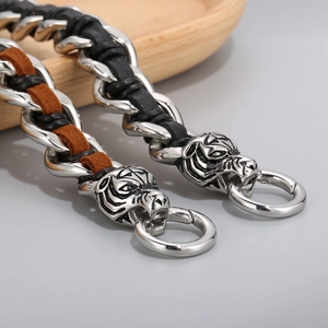 Titanium steel tiger head bracelet featuring silver chain and braided leather cord
