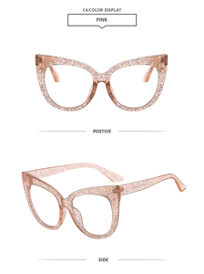 Detailed views of pink cat-eye glasses frame with glitter inlay and positive side angle