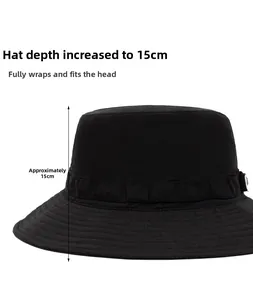 Detail of black outdoor sun hat showing 15cm deep crown for full head coverage