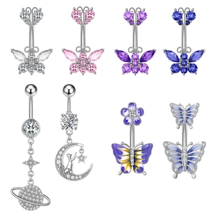 Set of 8 stainless steel navel rings with zirconia butterflies, moon and stars pendants