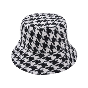 Classic black and white houndstooth bucket hat in thick tweed for autumn and winter