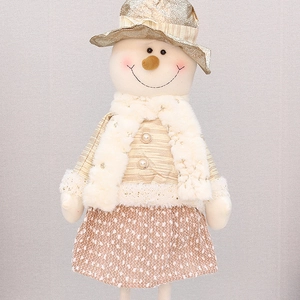 80cm retractable Christmas snowman doll in gold fabric with floral skirt for holiday decor