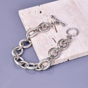 Silver chunky textured stainless steel chain bracelet with industrial toggle clasp