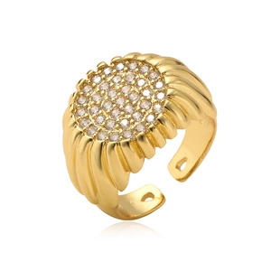 Elegant 18K gold plated copper ring with zircon pave and fluted texture in open design