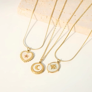 Elegant 18k gold plated star moon heart pendant necklaces with white shell inlay