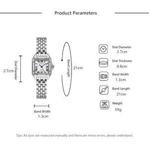 Silver square stainless steel watch for women with Roman numerals and size details