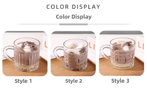 Three styles of striped glass scented candles shaped like iced coffee with decorative wax