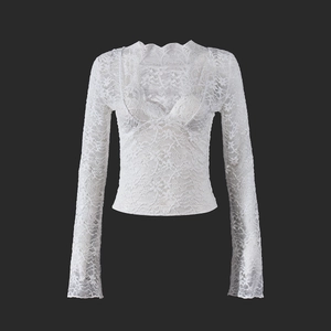 Detailed close-up of white sheer floral lace fabric and scallop V-neckline on top