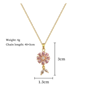 Detail view of flower necklace with pink pear-shaped gemstones and sizing dimensions