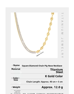 Detail of titanium steel necklace with rectangular zircon and gold coffee bean chain links