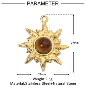 Detailed size specifications of sun-shaped golden stainless steel pendant with brown stone