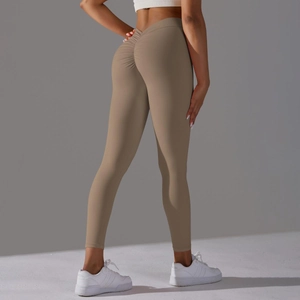 Khaki high waisted scrunch butt yoga pants with elastic fabric for fitness shaping
