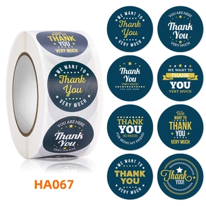Close-up of dark blue and gold floral Thank You labels showing 8 unique circular designs