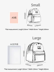 Size comparison chart for lightweight avocado backpack in small and large dimensions