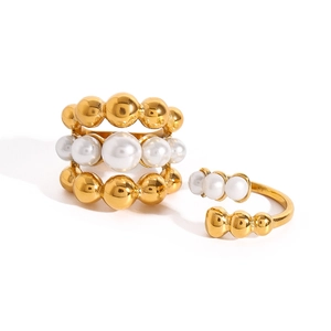 Three-Layer Multi-Row Artificial Pearl Ring Gold Plated Stainless Steel Waterproof Hypoallergenic Elegant Vintage Open Adjustable
