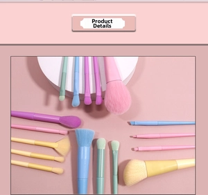 Detailed flat lay of macaron-colored makeup brushes featuring soft synthetic gradient bristles
