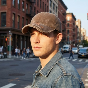 Distressed vintage washed cotton baseball cap with letter embroidery on male model