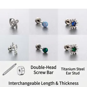 Titanium Steel Cartilage Stud Earrings Opal Zircon Inlaid Screw Back Flat Back Flower Heart Piercing Jewelry Women