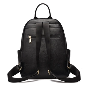 Classic black PU leather backpack for women featuring adjustable straps and gold-tone zippers