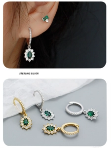Close-up of S925 sterling silver emerald flower earrings with cubic zirconia stones