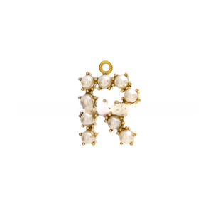 Detailed close-up of a gold-plated letter R pendant with inlaid pearls and a pink pearl accent