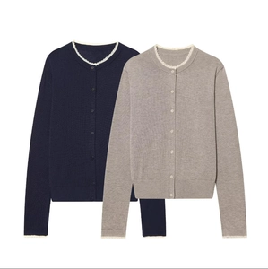 Women Acrylic Polyester Knit Cardigan Sweater Round Neck Lace Trim Long Sleeve Button-Up Casual Top