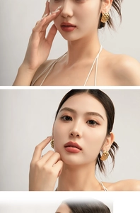 Macro shot of 18K gold plated vintage woven texture C-shaped hoop earrings on model