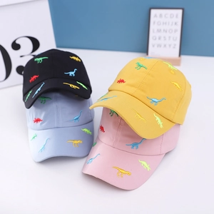 Kids baseball caps with colorful dinosaur embroidery in black blue yellow and pink