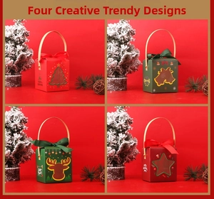 Detail view of festive Christmas gift boxes with tree and deer hollow patterns and bows