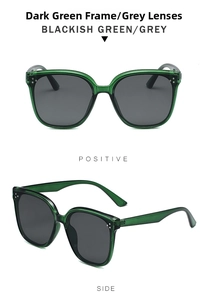 Detailed views of dark green square oversized sunglasses with grey lenses and rivet studs