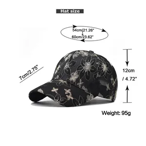 Detailed size chart for lace baseball cap showing brim, depth, and circumference measurements